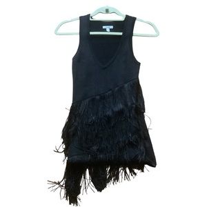 Vtg Cache black metallic fringe tank top sleeveless asymetrical hem tunic Sz XS